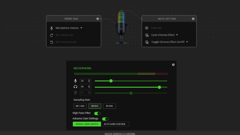 A screenshot of the Razer Seiren V3 Chroma mic settings in the Razer Synapse software