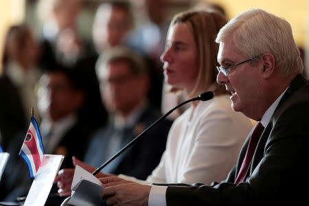 Costa Rica's Foreign Minister Manuel Ventura reads the final statement next to European Union High Representative for Foreign Affairs and Security Policy Federica Mogherini after a meeting of the International Contact Group (IGC) to discuss their support for a political solution to Venezuela's political crisis, in San Jose, Costa Rica May 7, 2019. REUTERS/Juan Carlos Ulate