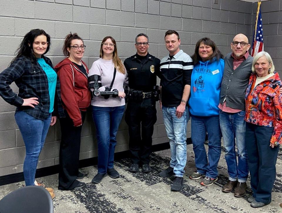 Among those participating in a recent event recognizing first responders at Ohio State University-Newark were (from left), Mallory Meeker, Charlotte Gutridge, Angie Honaker, Chief Tom Synan, Charlie Thompson, Trish Perry, David Ruderman and Linda Mossholder.