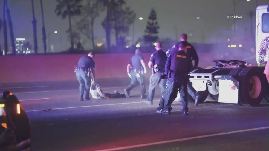 At least four people were transported to trauma centers after a fiery crash in Long Beach on May 13, 2024, authorities said. (KNN)