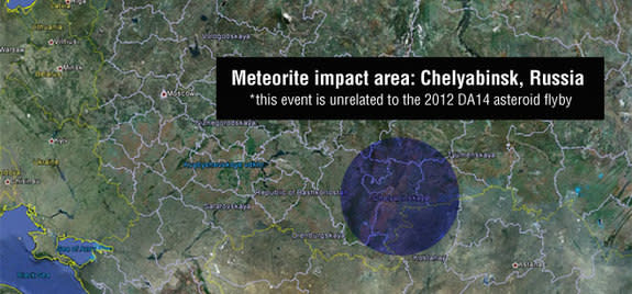 A meteor seen flying over Russia on Feb. 15 at 3:20: 26 UTC impacted Chelyabinsk. Preliminary information is that this object was unrelated to asteroid 2012 DA14, which made a safe pass by Earth on the same day.