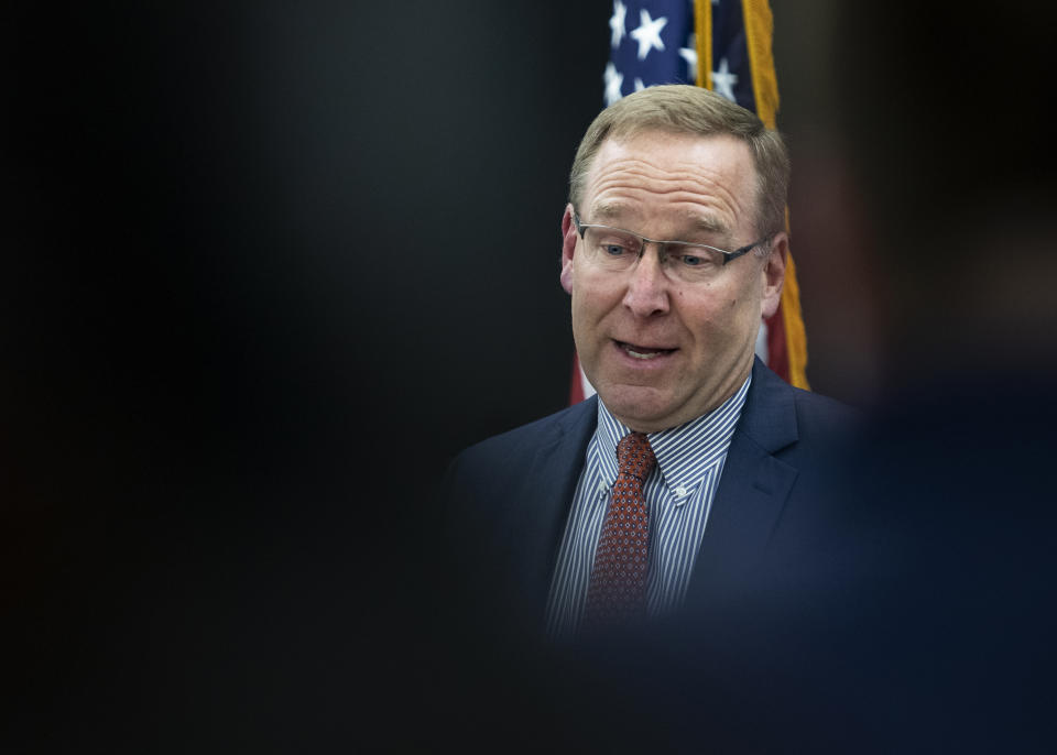 Kent County Prosecutor Chris Becker explains his decision to charge Grand Rapids police Officer Christopher Schurr with second-degree murder during a press conference at the Michigan State Police sixth district headquarters in Walker on Thursday, June 9, 2022. Schurr fatally shot Black motorist Patrick Lyoya on April 4. (Cory Morse/The Grand Rapids Press via AP)