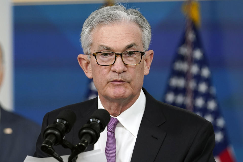 FILe - Federal Reserve Chairman Jerome Powell speaks during an event in the South Court Auditorium on the White House complex in Washington, on Nov. 22, 2021. Powell says that the appearance of a new COVID-19 variant could slow the economy and hiring. He also says it raises uncertainty about inflation. Powell says in remarks to be delivered to the Senate Banking Committee Tuesday that he recent increase in coronavirus cases and the emergence of the omicron variant pose downside risks to employment and economic activity and increased uncertainty for inflation. (AP Photo/Susan Walsh, File)