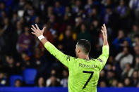 Manchester United's Cristiano Ronaldo reacts during the Europa League Group E soccer match between Real Sociedad and Manchester United at the Reale Arena in San Sebastian, Spain, Thursday, Nov. 3, 2022. (AP Photo/Alvaro Barrientos)