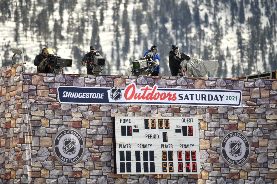 <p>Cameramen are seen during the 2021 Bridgestone NHL Outdoors Saturday game between the Colorado Avalanche and the Vegas Golden Knights is seen at the south shore of Lake Tahoe on February 20, 2021 in Stateline, Nevada. (Photo by Jeff Bottari/2021 NHLI)</p> 