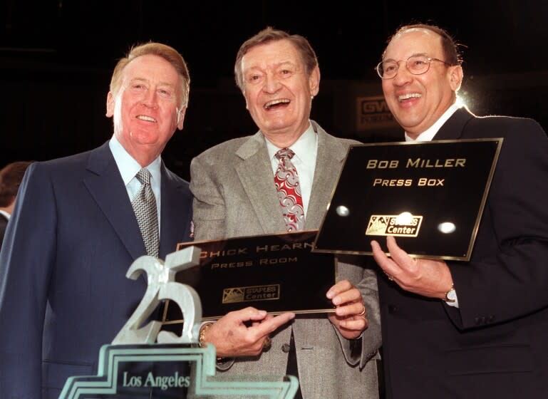 Vin Scully, Chick Hearn and BobMiller togather celebrating Bob Miller's 25th year.