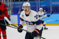 United States' Ben Meyers (39) celebrates after scoring a goal against Canada during a preliminary round men's hockey game at the 2022 Winter Olympics, Saturday, Feb. 12, 2022, in Beijing. (AP Photo/Matt Slocum)