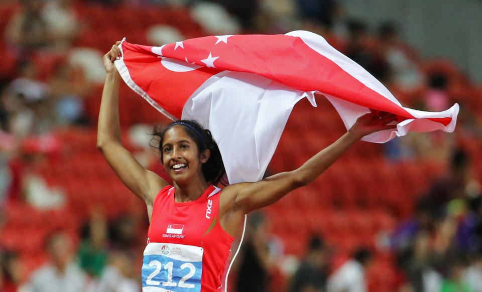 Singapore's Veronica Shanti Pereira celebrates winning gold at the 2015 SEA Games. 