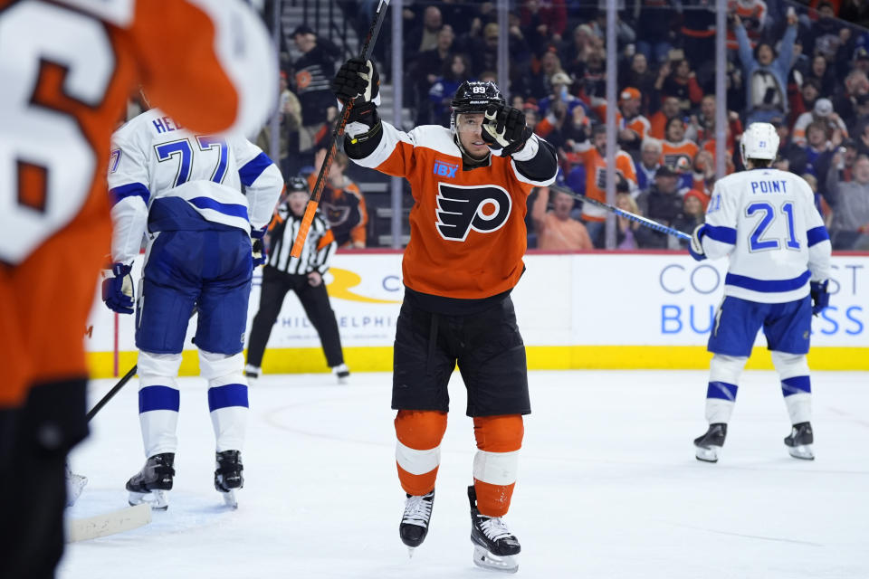 Philadelphia Flyers' Cam Atkinson reacts after scoring a goal during the second period of an NHL hockey game against the Tampa Bay Lightning, Tuesday, Jan. 23, 2024, in Philadelphia. (AP Photo/Matt Slocum)