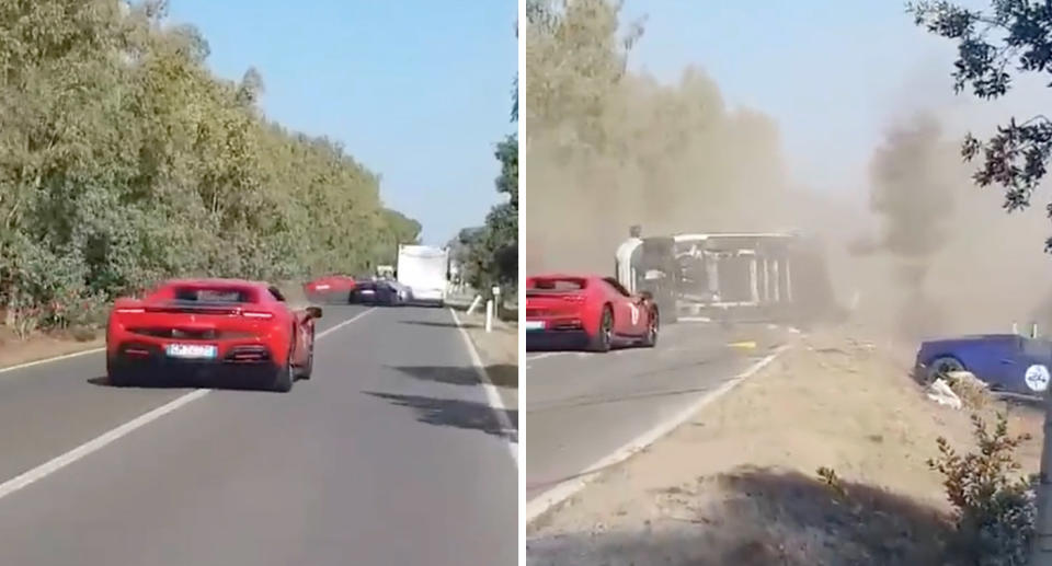 Ferrari and Lamborghini in crash with a campervan