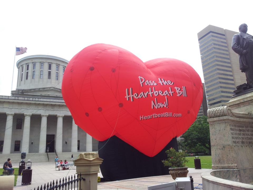 This photo taken June 5, 2012, outside the statehouse in Columbus, Ohio, shows a large balloon in support of the Heartbeat Bill.