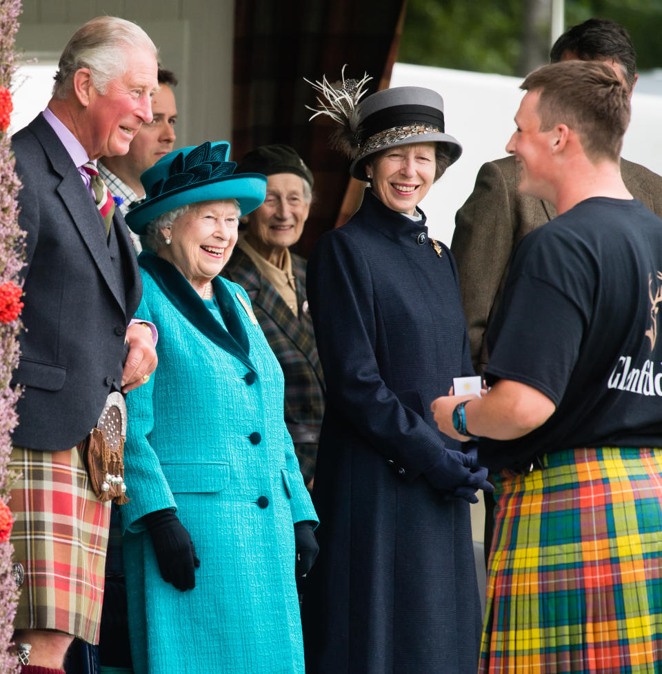 BRAEMAR, SCOTLAND - SEPTEMBER 01:  Prince Charles, Prince of Wales, Queen Elizabeth II and Princess Anne, Princes Royal attend the 2018 Braemar Highland Gathering at The Princess Royal and Duke of Fife Memorial Park on September 1, 2018 in Braemar, Scotland.  (Photo by Samir Hussein/Samir Hussein/WireImage)