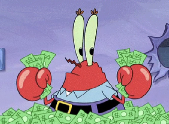 Mr. Krabs from "SpongeBob SquarePants" surrounded by money