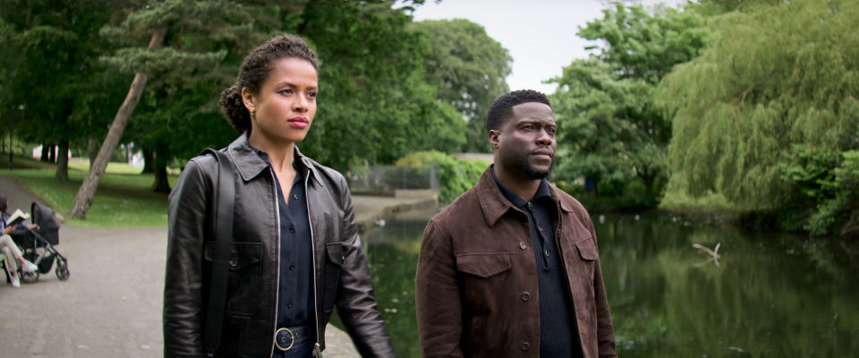 Gugu Mbatha-Raw as Abby and Kevin Hart as Cyrus in Lift. (Netflix)