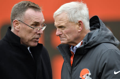 Browns GM John Dorsey (L) and team owner Jimmy Haslam are the ones to be held accountable for the Freddie Kitchens hire. (AP)