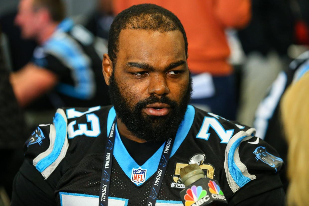 Carolina Panthers tackle Michael Oher (73) during the Carolina Panthers press conference held at the San Jose Marriott in San Jose California.