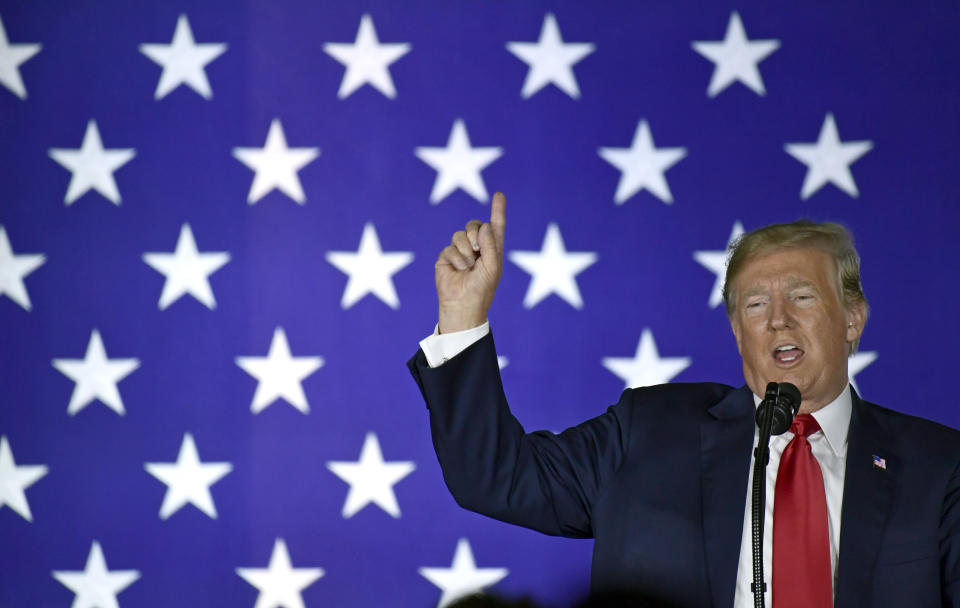 President Donald Trump speaks at a fundraiser in Fargo, N.D., Friday, Sept. 7, 2018. Trump is making his second visit to North Dakota’s biggest city within 10 weeks to campaign for Senate candidate Kevin Cramer, this time to help Cramer build up his finances. (AP Photo/Susan Walsh)