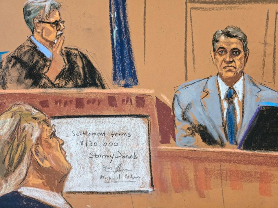 A courtroom sketch depicts Donald Trump and Justice Juan Merchan watching testimony from Keith Davidson in criminal court in Manhattan on 2 May (REUTERS)