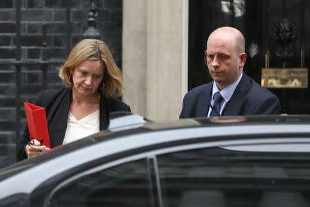 Britain's Home Secretary Amber Rudd leaves 10 Downing Street in London, Britain, April 12, 2018. REUTERS/Simon Dawson