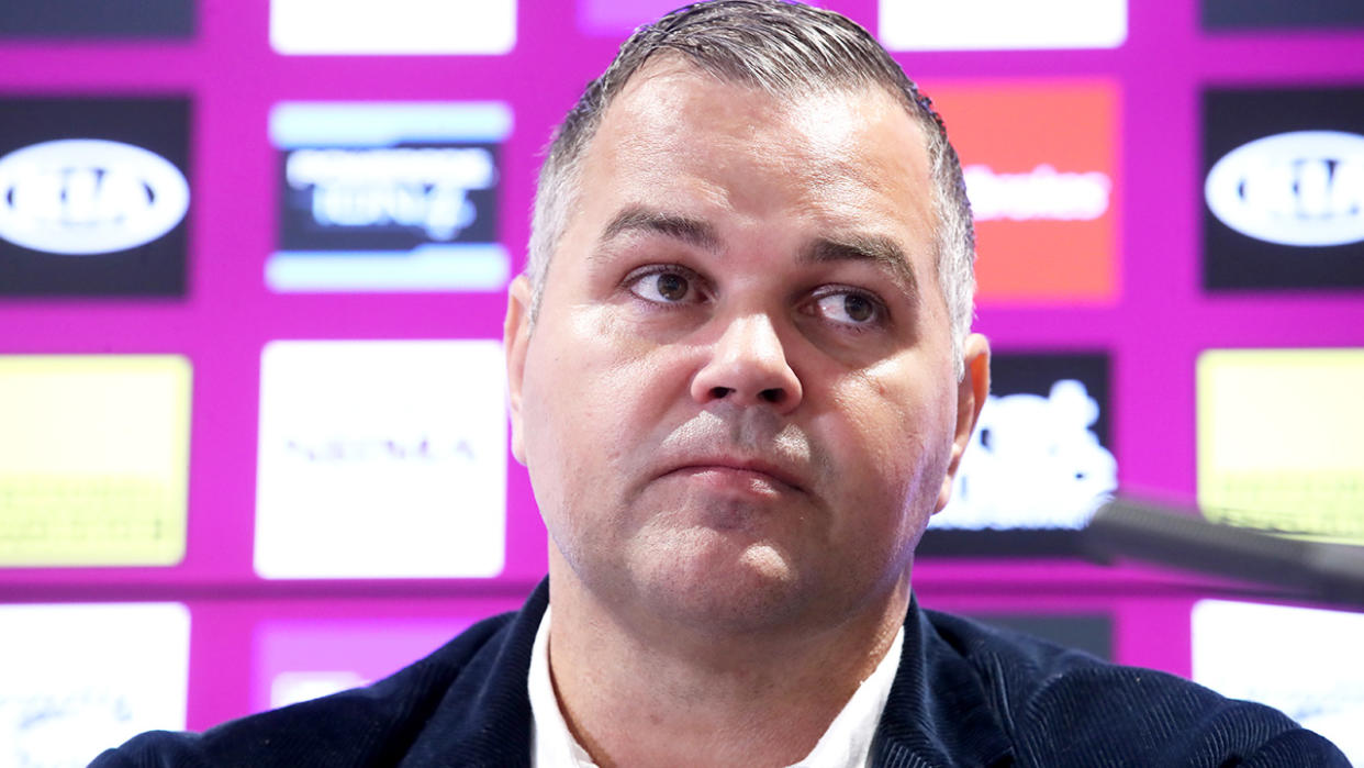 Former Broncos coach Anthony Seibold is pictured during a press conference.