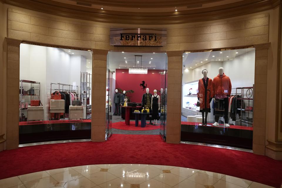 Ferrari has a pop-up boutique at the Bellagio during the Formula One Las Vegas Grand Prix auto race, Wednesday, Nov. 15, 2023, in Las Vegas. (AP Photo/Darron Cummings)