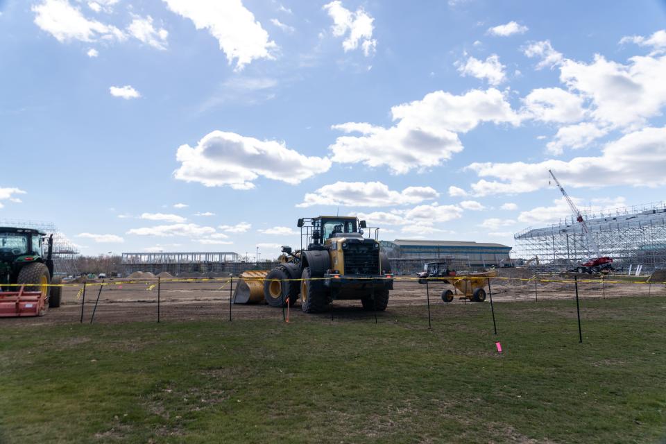 Construction equipment on March 19, 2024, at the site of the Nassau County Cricket Stadium in Eisenhower Park, Nassau County, New York.