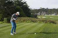Aaron Rodgers hits from the third tee of the Pebble Beach Golf Links during the third round of the AT&T Pebble Beach Pro-Am golf tournament in Pebble Beach, Calif., Saturday, Feb. 4, 2023. (AP Photo/Godofredo A. Vásquez)