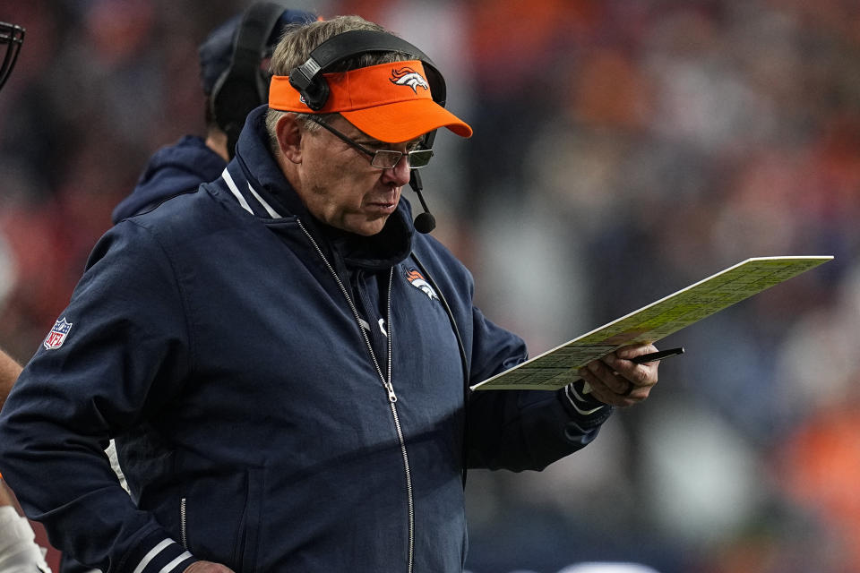 Denver Broncos head coach Sean Payton stands on the sidelines during the second half of an NFL football game against the Los Angeles Chargers, Sunday, Dec. 31, 2023, in Denver. (AP Photo/Jack Dempsey)