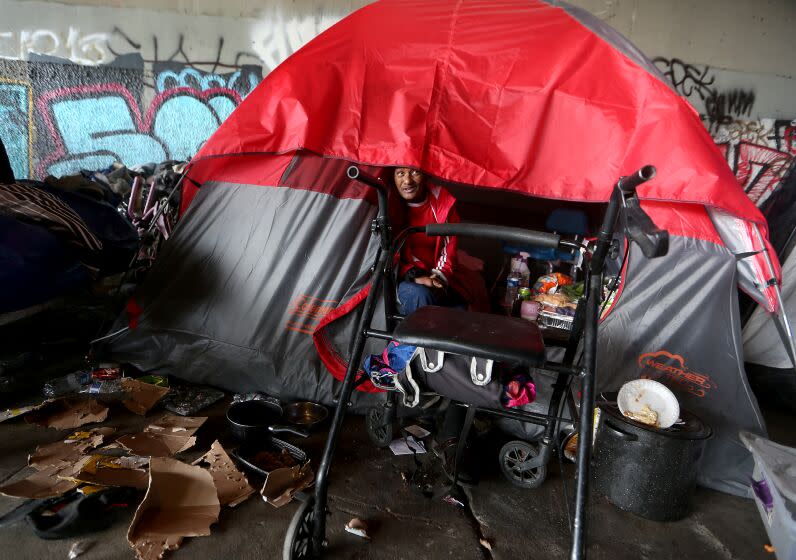 CULVER CITY, CALIF. - FEB. 13, 2023. A homeless woman named Shon sits in a tent under the 405 Freeway bridge over Venice Boulevard in Culver City. The Culver City Council has approved a ban on camping on city streets, though it won't go into effect until officials find a way to clean up the streets without criminalizing the homeless. (Luis Sinco / Los Angeles Times)