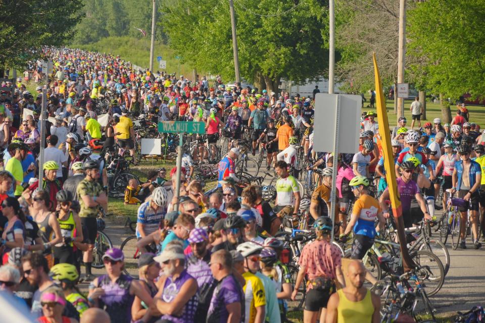 Riders arrive in Chelsea as RAGBRAI 50 rolls toward Coralville on Day 6, Friday, July 28, 2023.