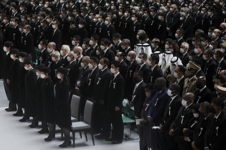 U.S. Vice President Kamala Harris, U.S. Ambassador to Japan Rahm Emanuel, Japan's Prime Minister Fumio Kishida and other officials attend the state funeral for slain former Prime Minister Shinzo Abe, Tuesday, Sept. 27, 2022, in Tokyo. (Leah Millis/Pool Photo via AP)