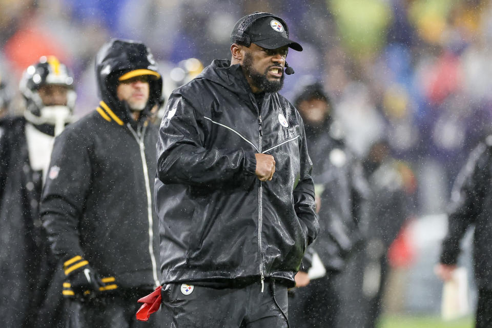 BALTIMORE, MARYLAND – JANUARY 06: Head coach Mike Tomlin of the Pittsburgh Steelers reacts after a play in the fourth quarter of a game against the Baltimore Ravens at M&T Bank Stadium on January 06, 2024 in Baltimore, Maryland. (Photo by Rob Carr/Getty Images)