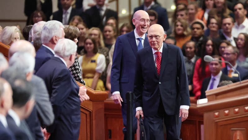 President Dallin H. Oaks, first counselor in the First Presidency, and President Henry B. Eyring, second counselor in the First Presidency, walk into the193rd Semiannual General Conference of The Church of Jesus Christ of Latter-day Saints at the Conference Center in Salt Lake City on Saturday, Sept. 30, 2023. President Russell M. Nelson was unable to attend.