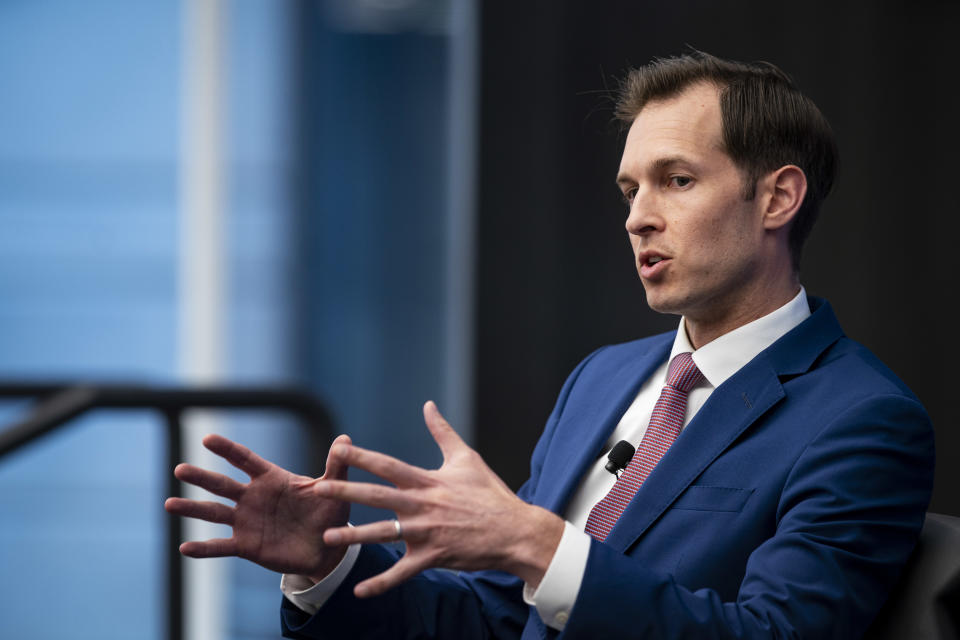 Rep. Jake Auchincloss, a Democrat from Massachusetts, speaks during the Semafor World Economy Summit in Washington, D.C., in April. 