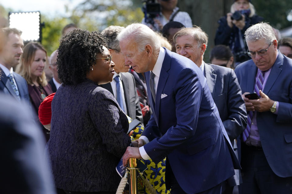 FILE - President Joe Biden greets people after speaking during an event on health care costs, in the Rose Garden of the White House, Sept. 27, 2022, in Washington. (AP Photo/Susan Walsh, File)
