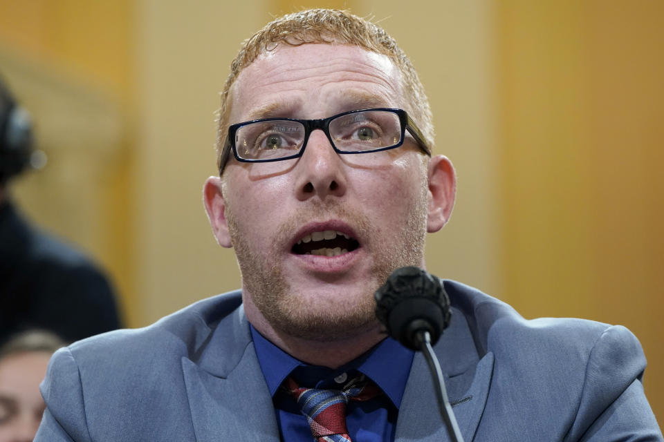 FILE - Stephen Ayres, who pleaded guilty last in June 2022 to disorderly and disruptive conduct in a restricted building, testifies as the House select committee investigating the Jan. 6 attack on the U.S. Capitol holds a hearing at the Capitol in Washington, July 12, 2022. Ayers has been sentenced to two years of probation for his role in the mob’s attack. U.S. District Judge John Bates also on Thursday ordered 41-year-old Stephen Ayres to perform 100 hours of community service. Prosecutors had recommended sentencing Ayres to 60 days of incarceration. (AP Photo/Jacquelyn Martin, FIle)