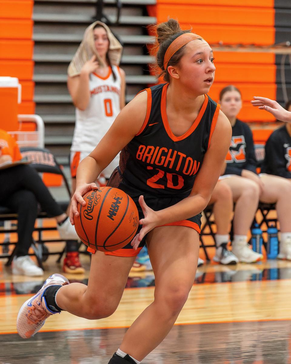 Brighton's Julia Viau drives the baseline during a 43-41 victory over Northville on Friday, Jan. 13, 2023.