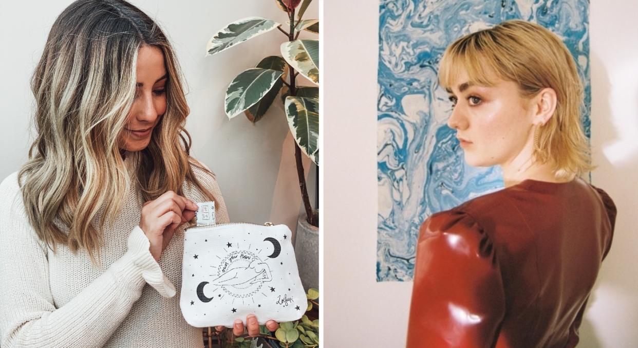 Zoe Sugg (left) and Maisie Williams have each designed a period bag for Fempowered (WaterAid)