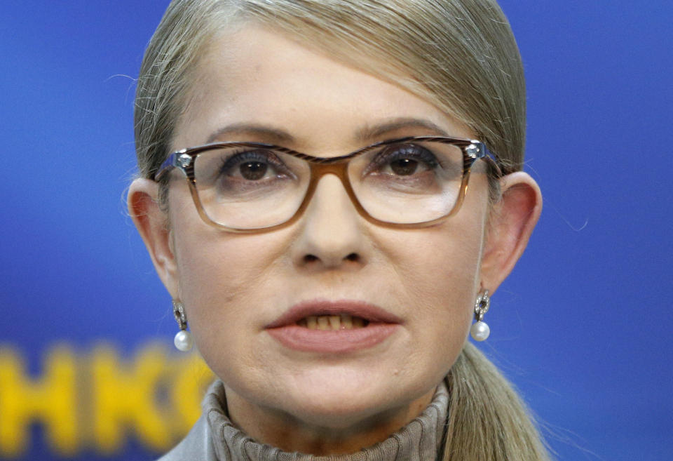 FILE - In this file photo taken on Friday, Feb. 22, 2019, Former Ukrainian Prime Minister Yulia Tymoshenko speaks during her press conference in Kiev, Ukraine. Official corruption is a major issue in Ukraine as it approaches a presidential election on March 31, and a top challenger for the position, Yulia Tymoshenko, called Tuesday, Feb. 26, 2019, for the impeachment of President Petro Poroshenko following a media investigation into alleged embezzlement schemes in the country's military industries. (AP Photo/Efrem Lukatsky, File)