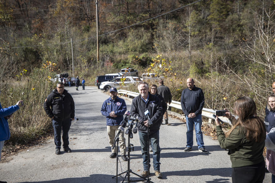 Martin County Judge Executive Lon Lafferty speaks to members of the media about the rescue operation underway for a worker trapped inside a collapsed coal preparation plant in Martin County, south of Inez, Ky., on Wednesday, Nov. 1, 2023. Officials said one worker died. (Ryan C. Hermens/Lexington Herald-Leader via AP)