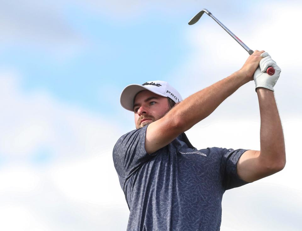 Cameron Young tees off on the 17th hole of the Pete Dye Stadium course during the third round of The American Express at PGA West in La Quinta, Calif., Saturday, Jan. 22, 2022. 