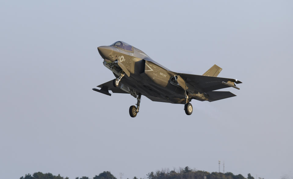 In this photo provided by the South Korea Defense Ministry, the U.S. Air Forces' F-35B fighter jet takes off during a joint aerial drills called Vigilant Storm between the U.S and South Korea, in Gunsan, South Korea, Monday, Oct. 31, 2022. (South Korea Defense Ministry via AP)