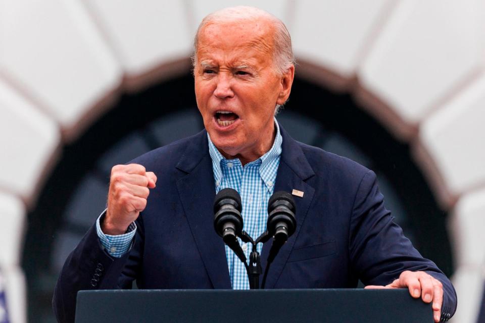 PHOTO: President Joe Biden speaks during a 4th of July event on the South Lawn of the White House in Washington, DC, July 4, 2024. (Samuel Corum/Getty Images)