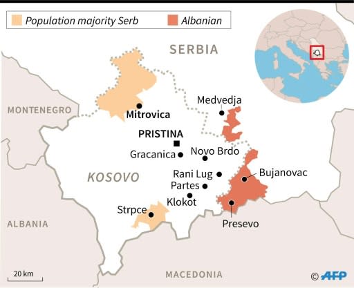 Map showing the border between Serbia and Kosovo and zones with a majority population of Serbs or Albanians