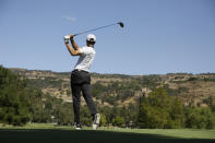 Stephen Curry hits from the fourth tee of the Silverado Resort North Course during the pro-am event of the Safeway Open PGA golf tournament Wednesday, Sept. 25, 2019, in Napa, Calif. (AP Photo/Eric Risberg)