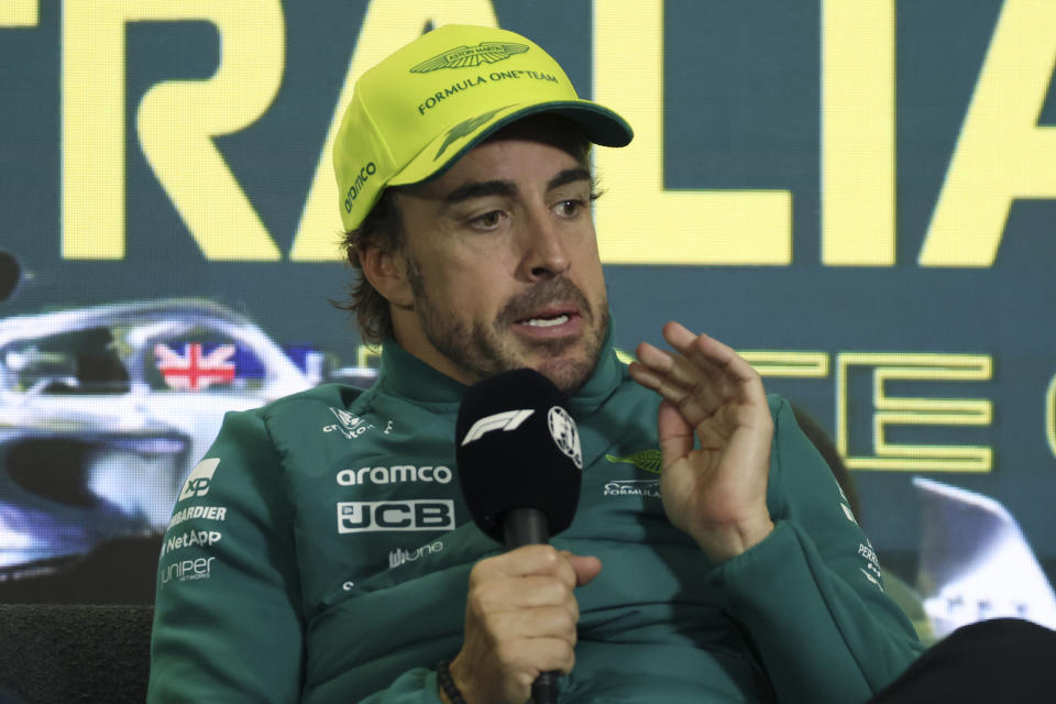 Aston Martin driver Fernando Alonso of Spain speaks at a press conference after the Australian Formula One Grand Prix at Albert Park in Melbourne, Sunday, April 2, 2023. Alonso took 3rd place. (AP Photo/Asanka Brendon Ratnayake)