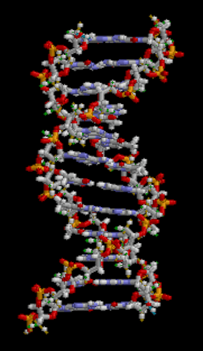 Animación de parte de una estructura de ADN de doble hélice.