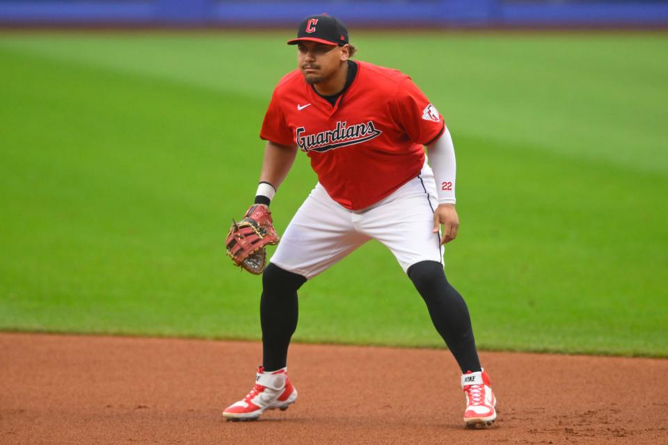 Jul 24, 2024; Cleveland, Ohio, USA; Cleveland Guardians first baseman Josh Naylor (22) during the first inning against the Detroit Tigers at Progressive Field. Mandatory Credit: David Richard-USA TODAY Sports