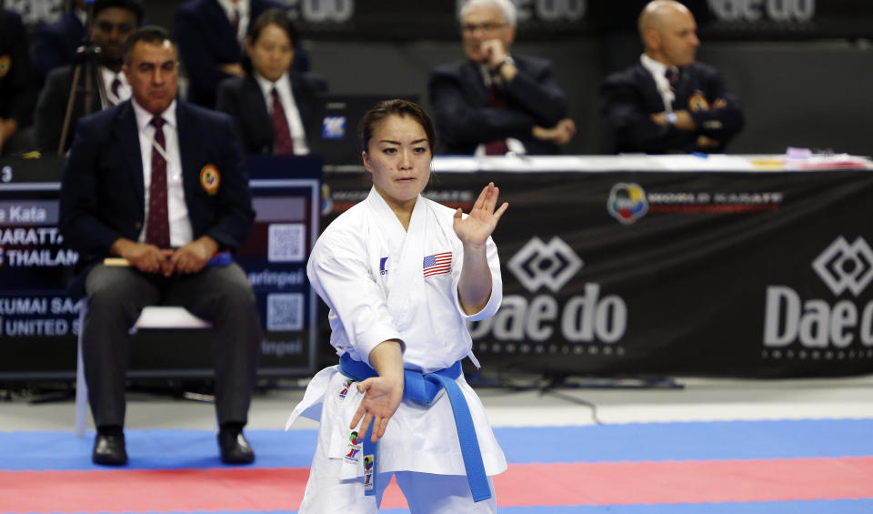 Kokumai Sakura seen in action during the women's Karate Kata competition of the 24nd Karate World Championships in 2018. / Credit: Manu Reino/SOPA Images/LightRocket via Getty Images