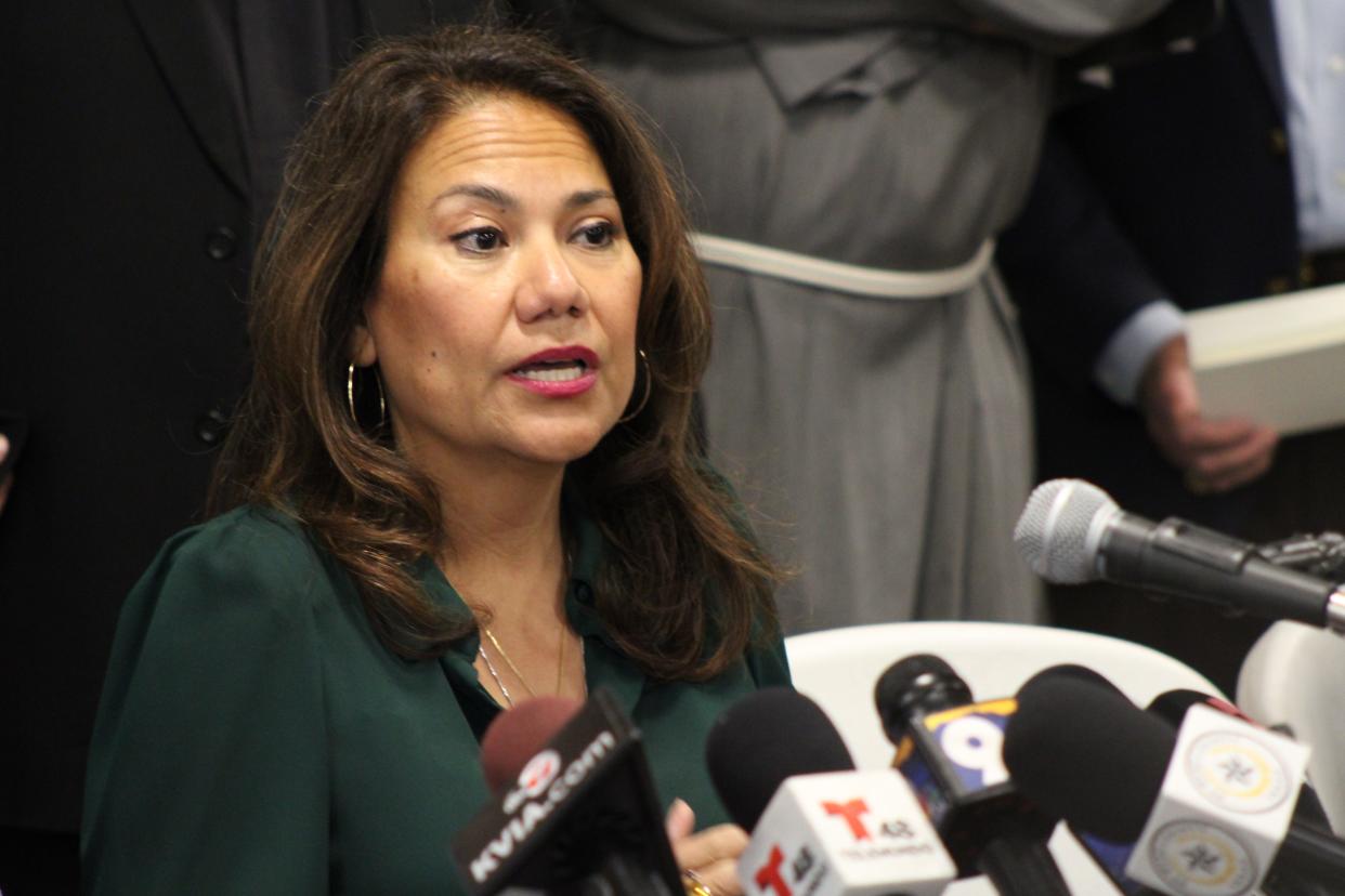 U.S. Rep. Veronica Escobar, D-El Paso, speaks during a news conference Friday, Feb. 23, 2024, to denounce the lawsuit filed by Texas Attorney General Ken Paxton against El Paso Catholic nonprofit Annunciation House.